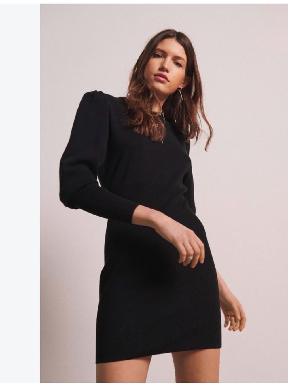 ba&sh Black Long-Sleeve knit Mini Dress with Subtle Puff Shoulders
